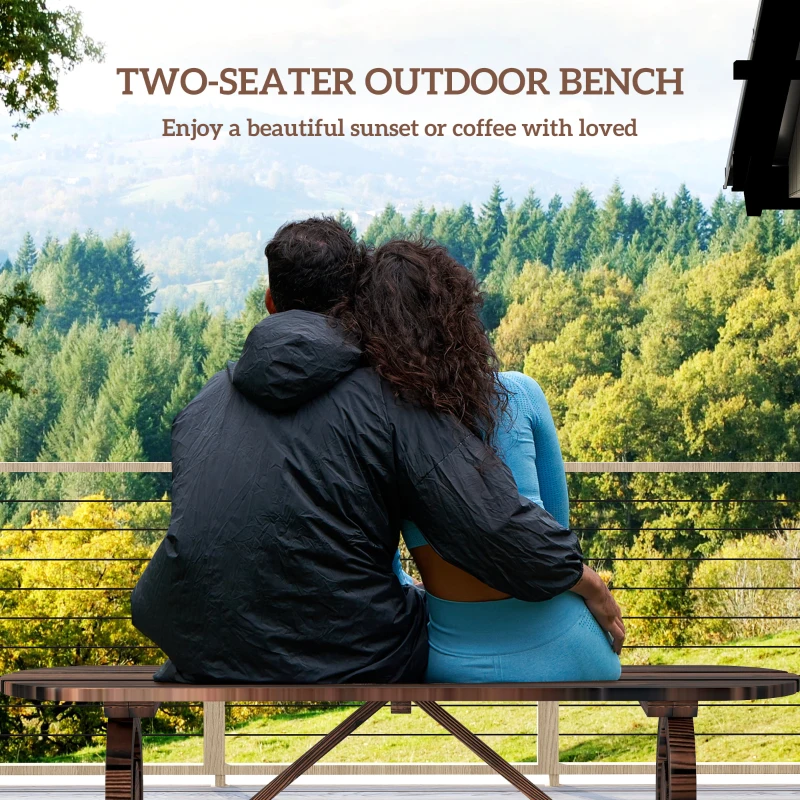 Outsunny 2-Person Outdoor Bench, Wood Garden Bench with Wagon Wheel Legs, Slatted Seat for Patio, Park, Backyard, Carbonized