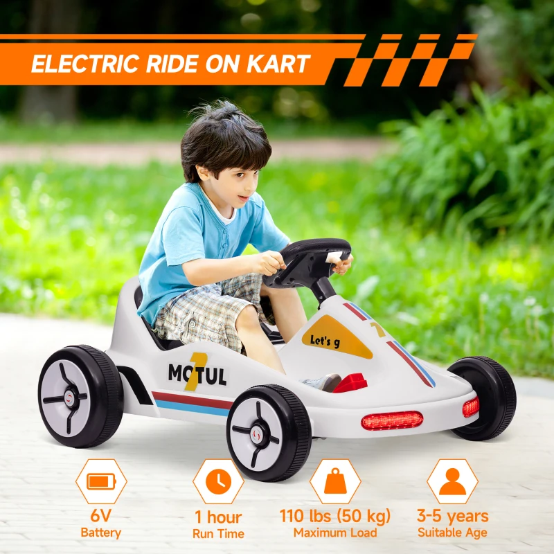 Qaba 6V Electric Go Kart for Aged 3-5 Kids with Music, Light, Horn, White