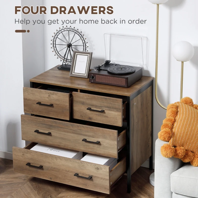 HOMCOM Dresser for Bedroom with 4 Drawers, Chest of Drawers with Metal Frame and Handles for Living Room, Hallway, Brown