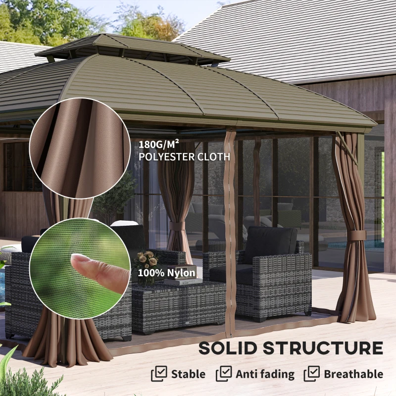 Outsunny 10' x 12' Hardtop Gazebo Canopy with Double Roof, Netting and Curtains for Garden, Backyard, Deck, Coffee