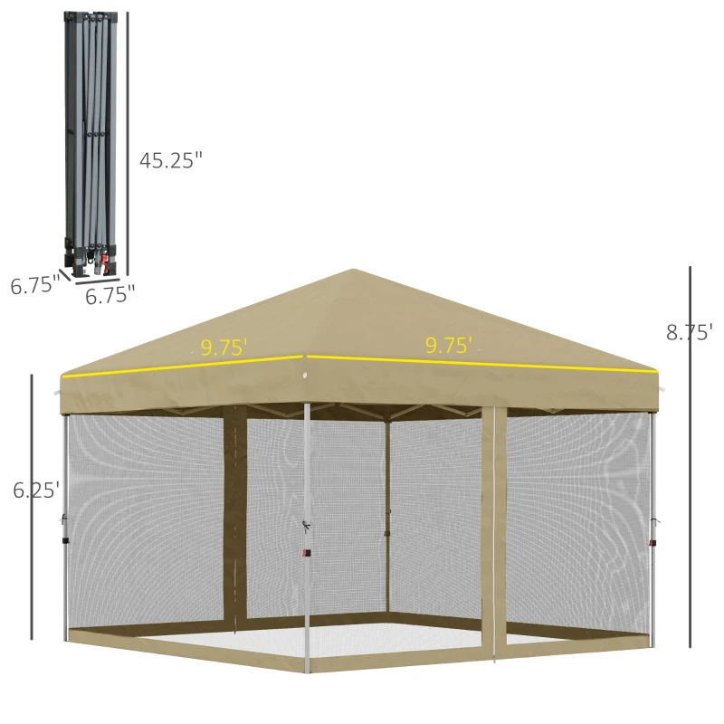 Outsunny 10' x 10' Pop Up Canopy Tent, Tents for Parties with Wheeled Carry Bag, Screen House Room, Height Adjustable Portable Gazebo, for Outdoor, Garden, Patio, Khaki