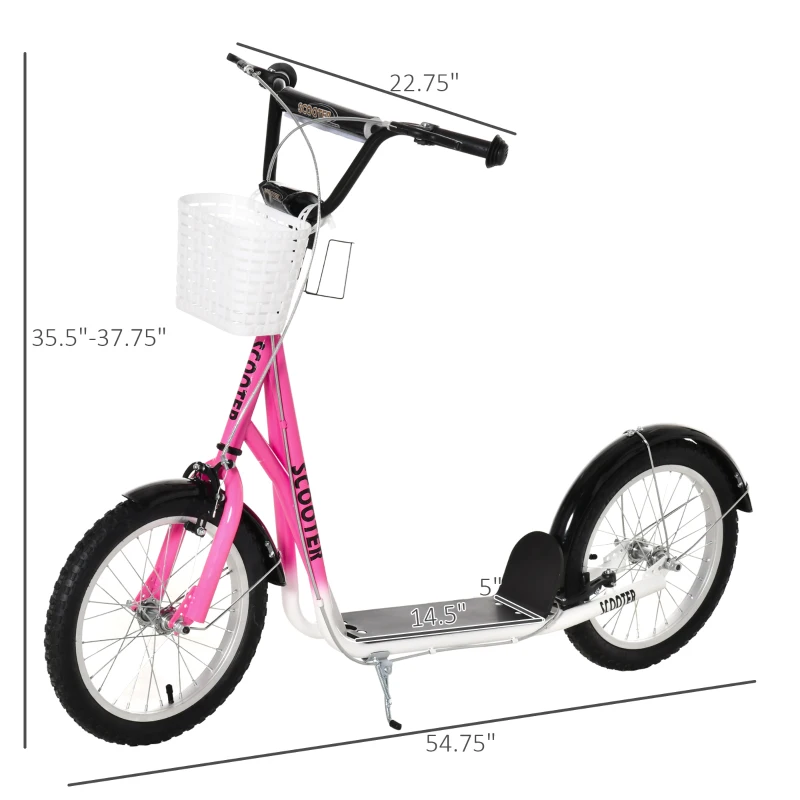 Aosom Youth Scooter, Kick Scooter with Adjustable Handlebars, Double Brakes, 16" Inflatable Rubber Tires, Basket, Cupholder, Pink