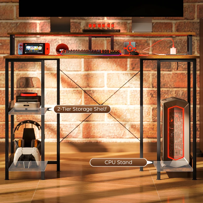 HOMCOM Computer Desk with Storage, 47" Reversible Computer Table with Power Outlets and LED Lights, Rustic Brown