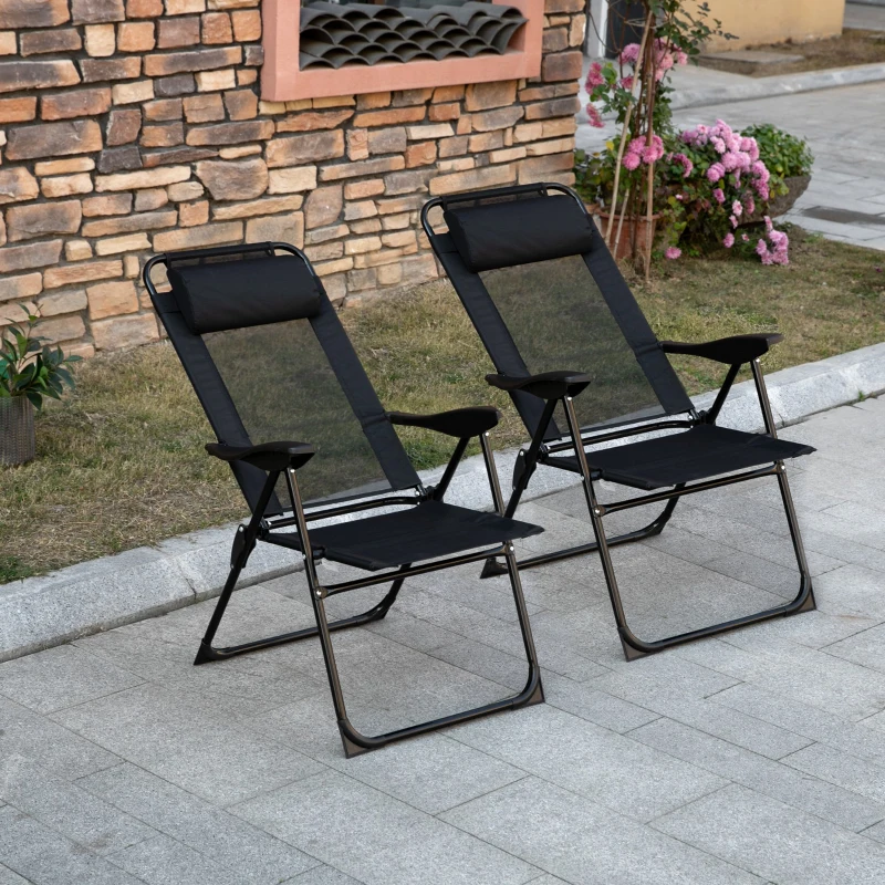 Outsunny Folding Patio Dining Chairs Set of 2, Outdoor Deck Chair with Adjustable Sling Back, Camping Chair with Removable Headrest for Garden, Backyard, Lawn, Black