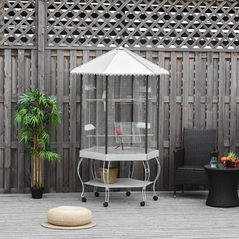 PawHut 77" Flight Bird Cage Hexagon Covered Canopy Portable Aviary With Storage