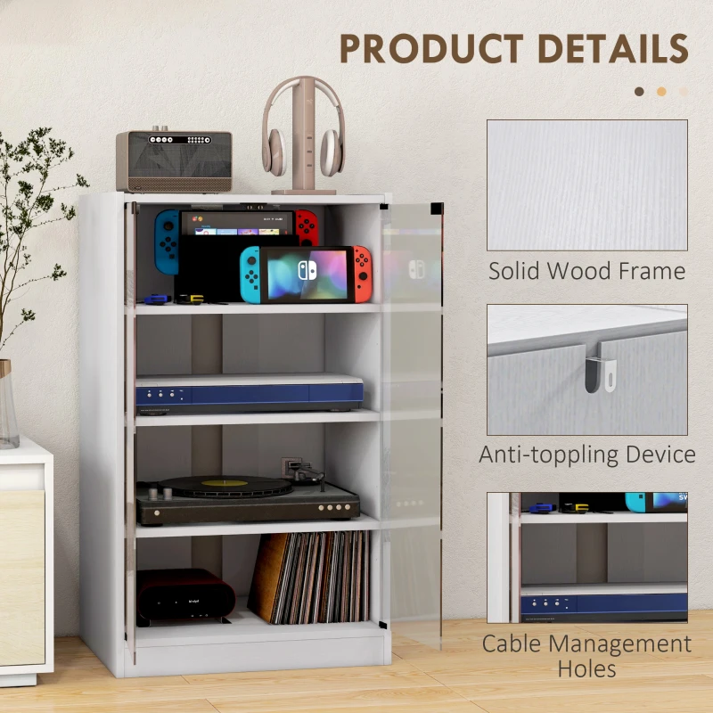HOMCOM 4-Tier Media Cabinet, Media Stand with Adjustable Shelves, Tempered Glass Doors, and Cable Management, Distressed White
