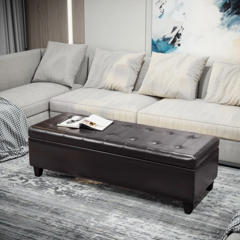 HOMCOM 51" Ottoman Storage Bench, Faux Leather Storage Chest with Lift Top, Tufted Ottoman for Living Room, Entryway, Dark Brown