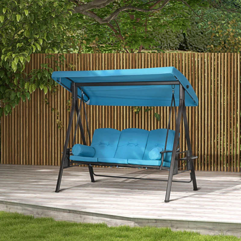 Outsunny 3-Seat Outdoor Porch Swing Chair with Adjustable Canopy, Cushion and Pillows for Garden, Poolside, Blue