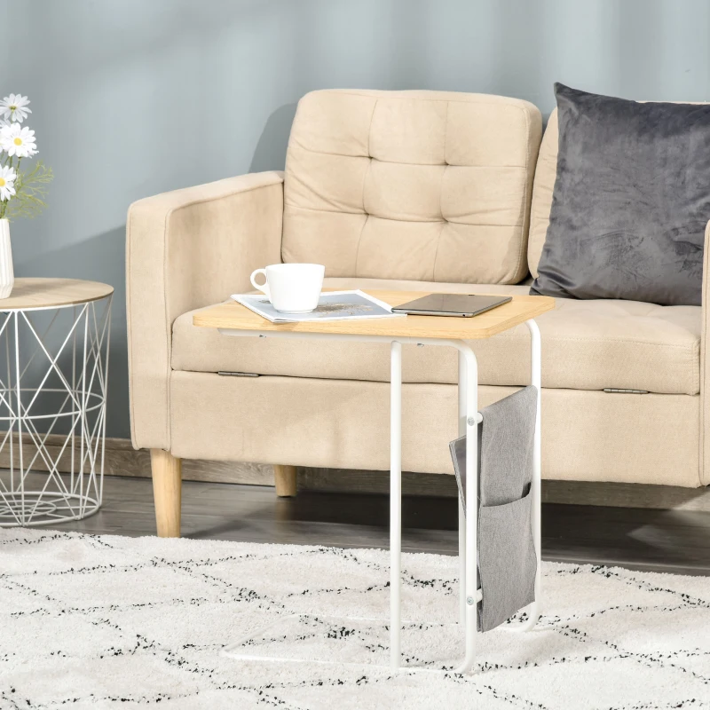 HOMCOM C-Shaped End Table, Side Table with Storage Bag, Laptop Table for Living Room, Bedroom, Oak