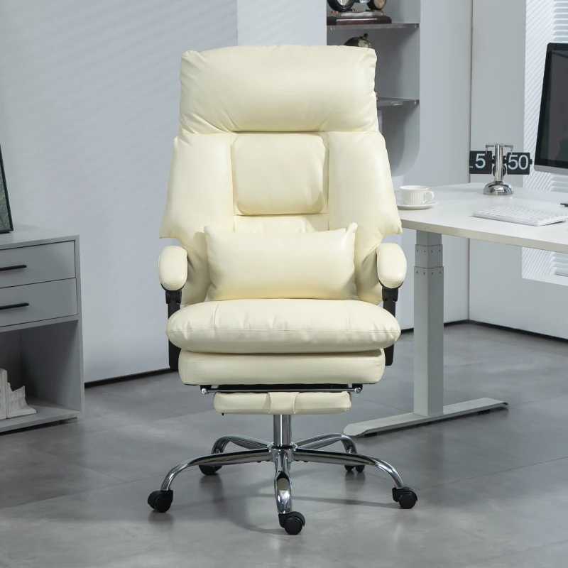 HOMCOM Overstuffed Office Chair, High Back Desk Chair with Foot Rest, Reclining PU Leather Computer Chair, Cream White