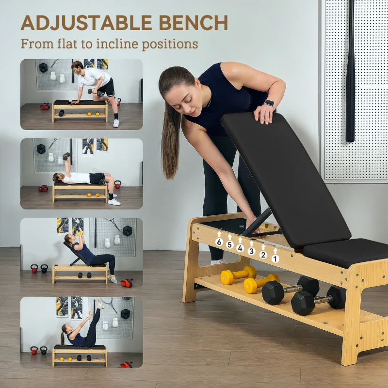 Soozier Wooden Adjustable Weight Bench with Dumbbell Rack, Flat or Incline Workout Bench for Home Gym Weight Lifting, Black