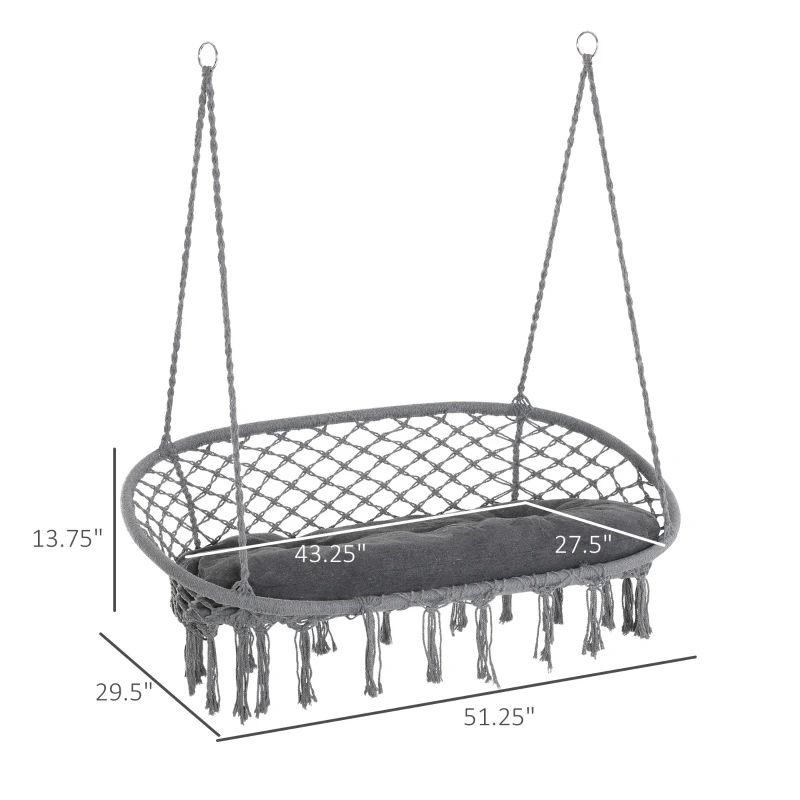 Outsunny Patio Hammock Chair 2 Seat, Hanging Rope Hammock Swing Chair with Metal Frame and Cushion, Large Macrame Seat for Indoor and Outdoor 396 lbs Capacity, Dark Grey