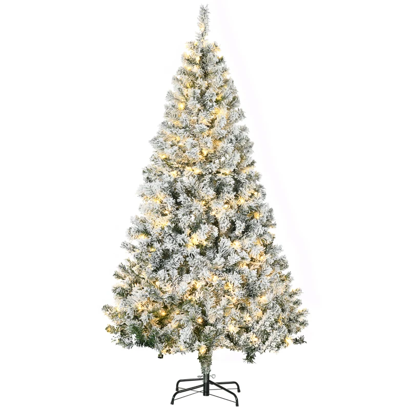 HOMCOM 6' Prelit Artificial Flocked Christmas Trees, with Snow Frosted Branches, Warm White LED Lights, Auto Open