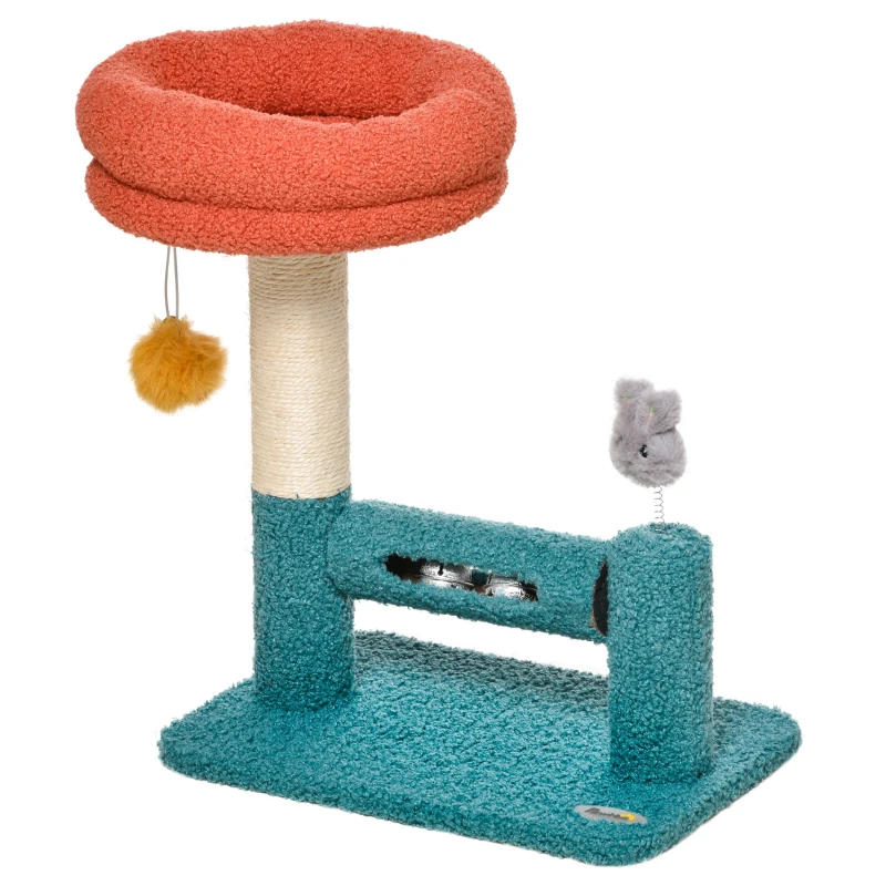 PawHut Cat Tree with Removable Bed Scratching Post Interactive Kitten Toy Dangling Ball Spring Roller Bell Blue Orange