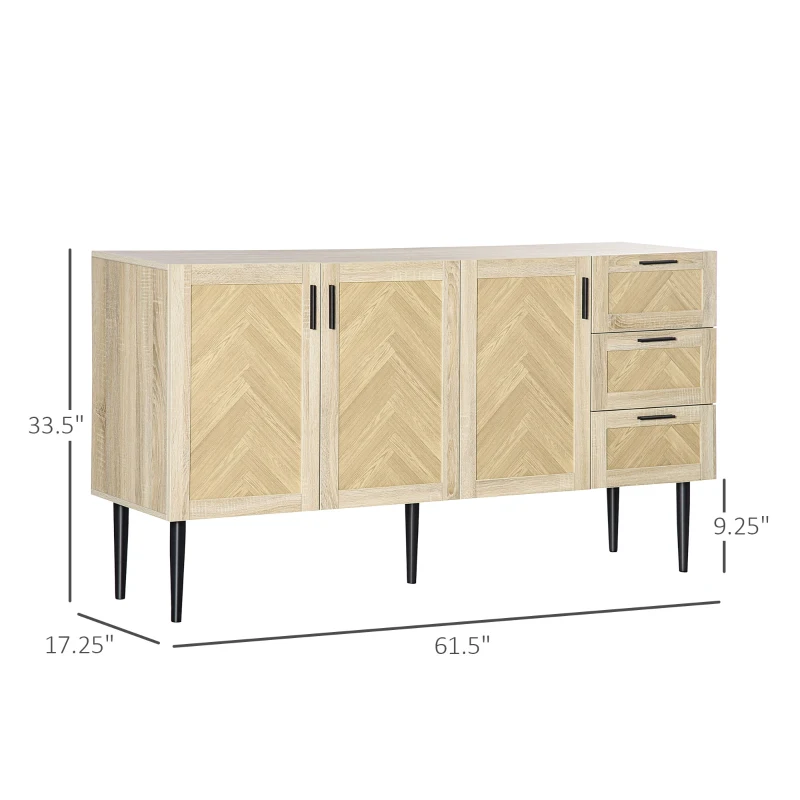 HOMCOM 61.5"L Sideboard Buffet Cabinet, Coffee Bar Cabinet Kitchen Cabinet with Drawers and Adjustable Shelves for Living Room, Dining Room, Kitchen, Oak