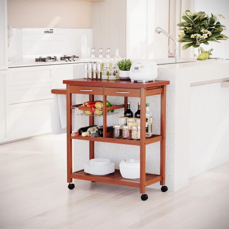 HOMCOM Wooden Kitchen Trolley Cart Basket Drawer Dining Storage w/Roller Holder Wood