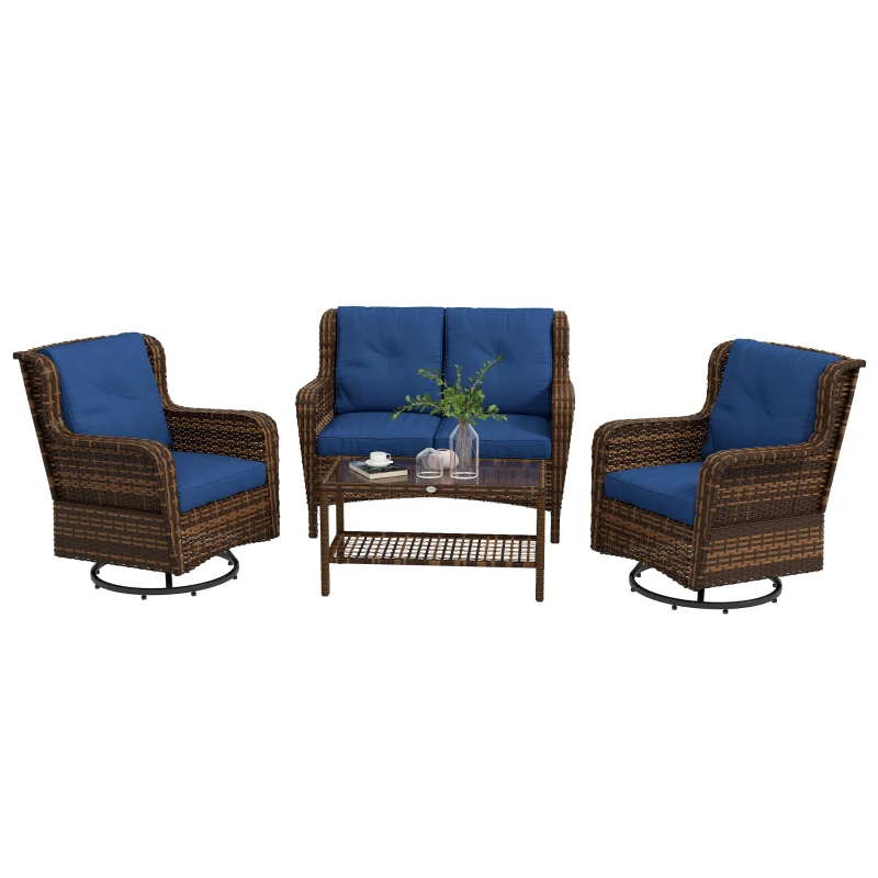 Outsunny 4 Piece Rattan Patio Furniture Set, Conversation Set with Swivel Glider Chairs Table Loveseat for Garden, Patio, Blue