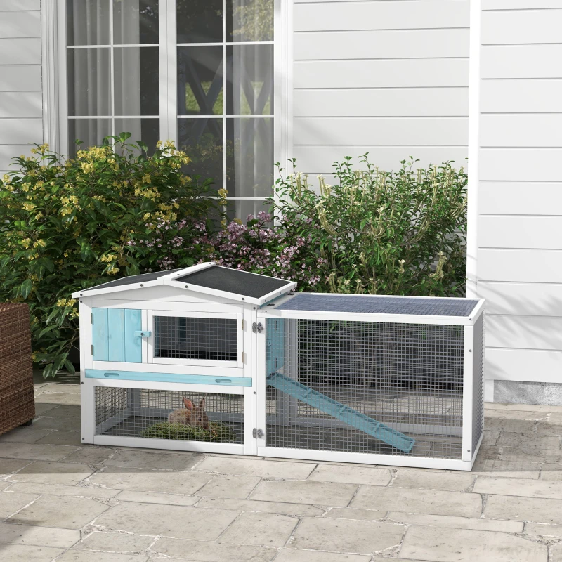 PawHut Rabbit Hutch 2-Story Bunny Cage, Guinea Pig Cage Indoor Outdoor, Small Animal House with Slide Out Tray, for Rabbits, Chickens, Ducks, 61.5" x 23" x 27", Light Blue