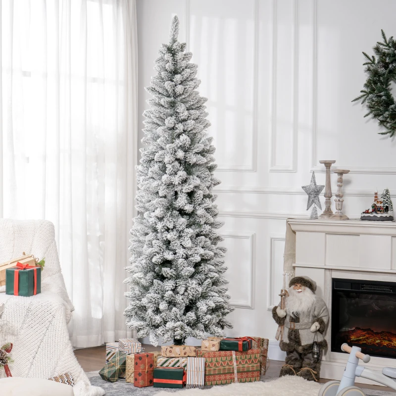 HOMCOM 7ft Pencil Christmas Tree, Flocked Tree with 687 Branch Tips and Metal Base for Home, Indoor, Holiday