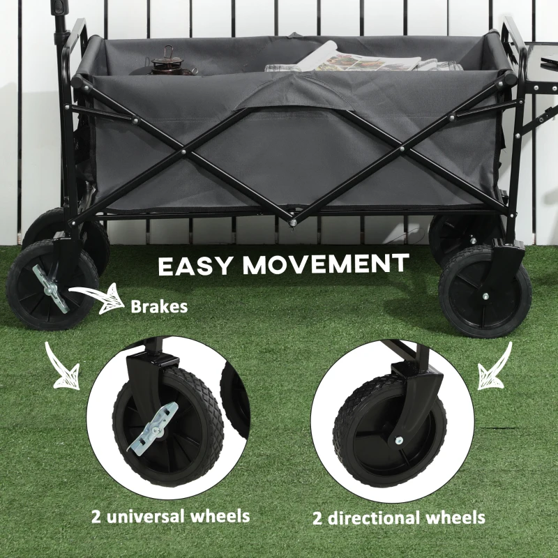 Outsunny Foldable Wagon Garden Carts with Wheels and Side Table, Gray