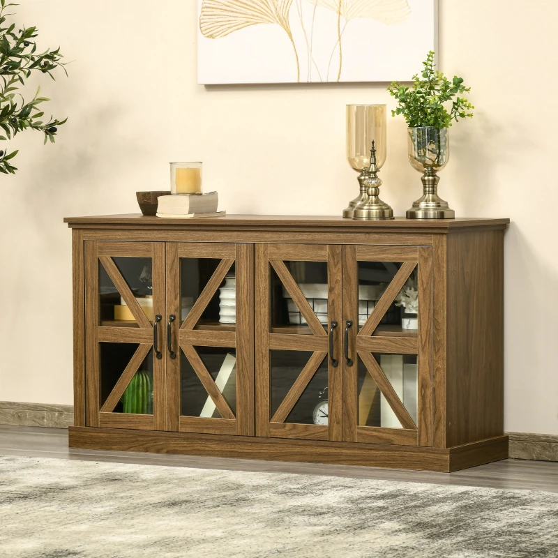HOMCOM Sideboard Buffet Cabinet, Glass Door Credenza, Coffee Bar Cabinet with Adjustable Shelf, Natural