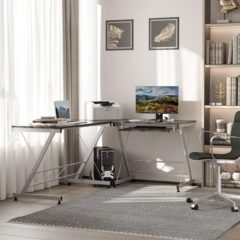 HOMCOM L-Shaped Computer Desk, Corner Table with Keyboard Tray for PC Laptop Desktop, Workstation Stand Home Office Furniture