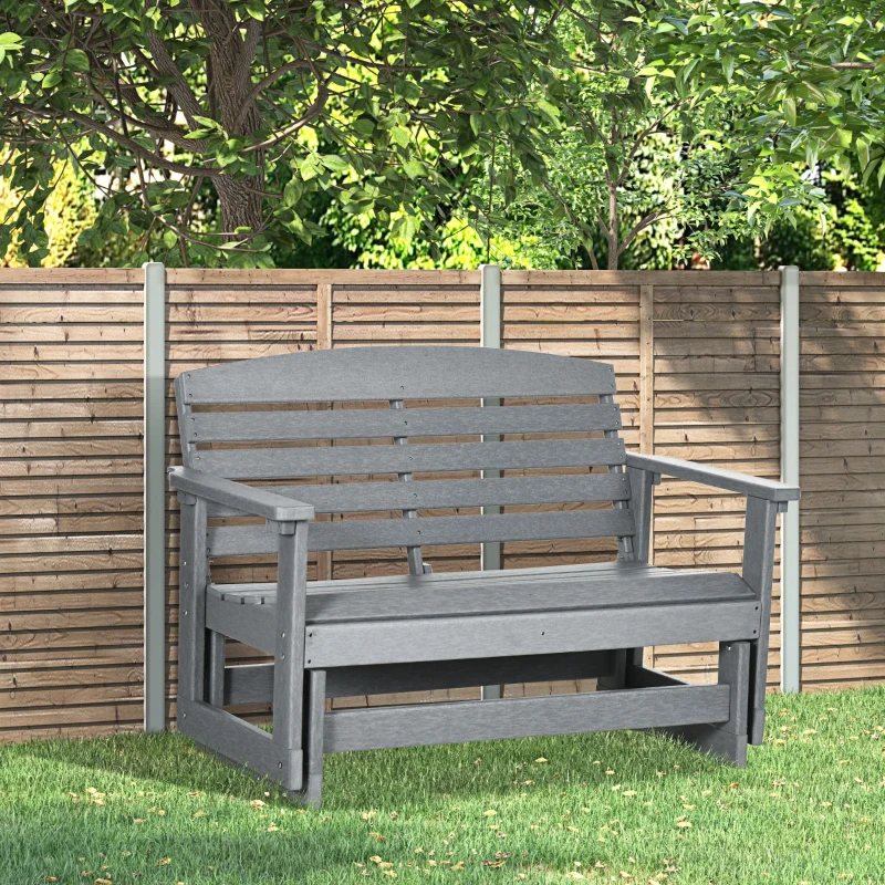 Outsunny Patio Glider Bench w/ HDPE Slatted Double Rocking Chair, Light Gray