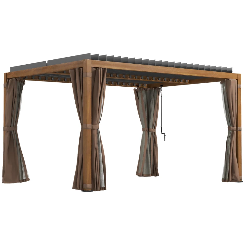 Outsunny 10' x 13' Outdoor Retractable Pergola w/ Sun Shade Aluminum Louvered Top, Pergola w/ Canopy, Curtains, Netting, Natural