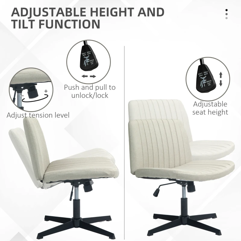 HOMCOM Criss Cross Chair, Wide Armless Office Chair, Fabric Computer Desk Chair with Adjustable Height, Beige