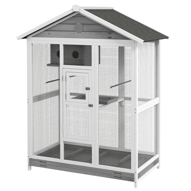 PawHut 64.5" Wooden Bird Cage Aviary, Flight Cage with 4 Perches, Nest and Slide-Out Tray for Indoor/Outdoor, Gray
