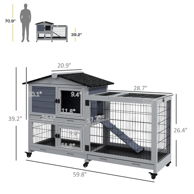 PawHut Rabbit House Outdoor, 2-Tier Large Guinea Pig Hutch Indoor W/ Removable Trays, Openable Roof, for 1-2 Rabbits, Gray