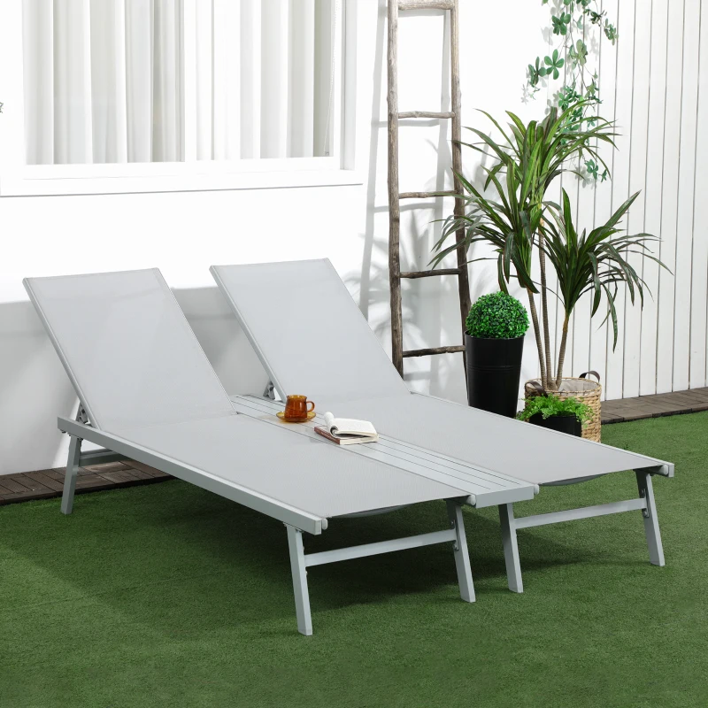 Outsunny Chaise Lounge Pool Chairs Set of 2, Aluminum Outdoor Sun Tanning Chairs with Five-Position Reclining Back, Shelf & Breathable Mesh for Beach, Yard, Patio, Light Gray