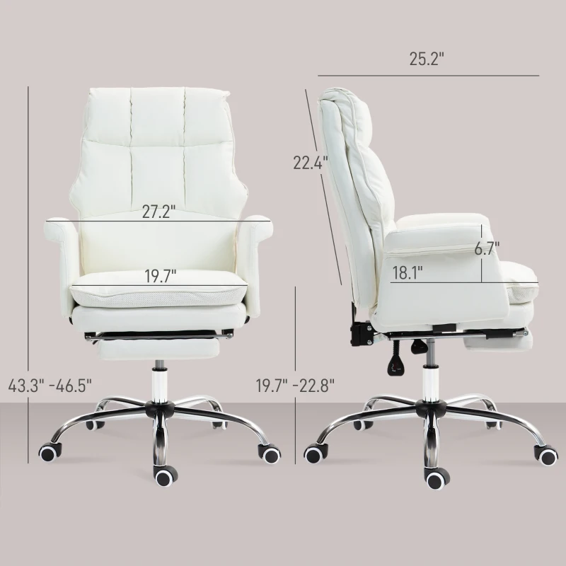HOMCOM PU Leather Executive Office Chair, Ergonomic and Reclining Office Desk Chair with Footrest, White