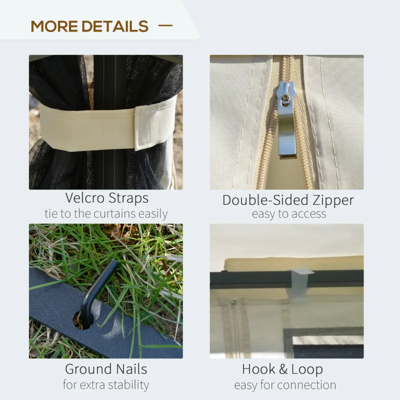 Outsunny 10'x10' Soft-top Patio Gazebo with Double Tier Roof, Mesh Curtains, Display Shelves, Top Hooks, Beige