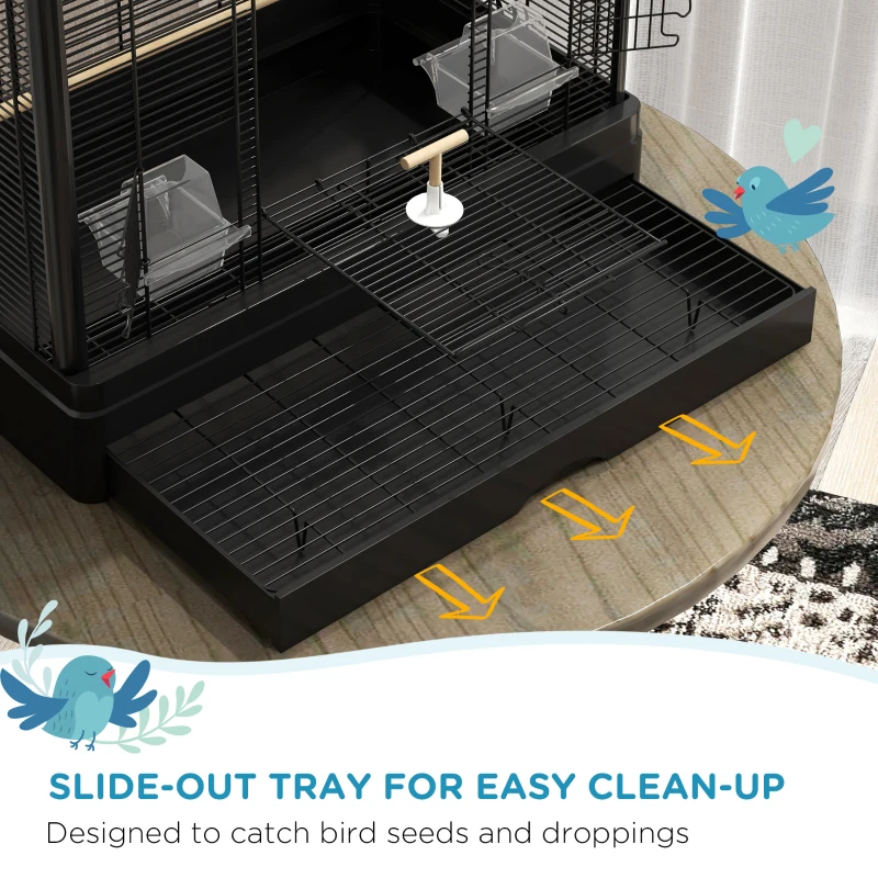 PawHut 22" Bird Cage for Budgie Finches Canaries Love Birds with Wooden Stands, Slide-Out Tray, Handles, Food Containers, Black