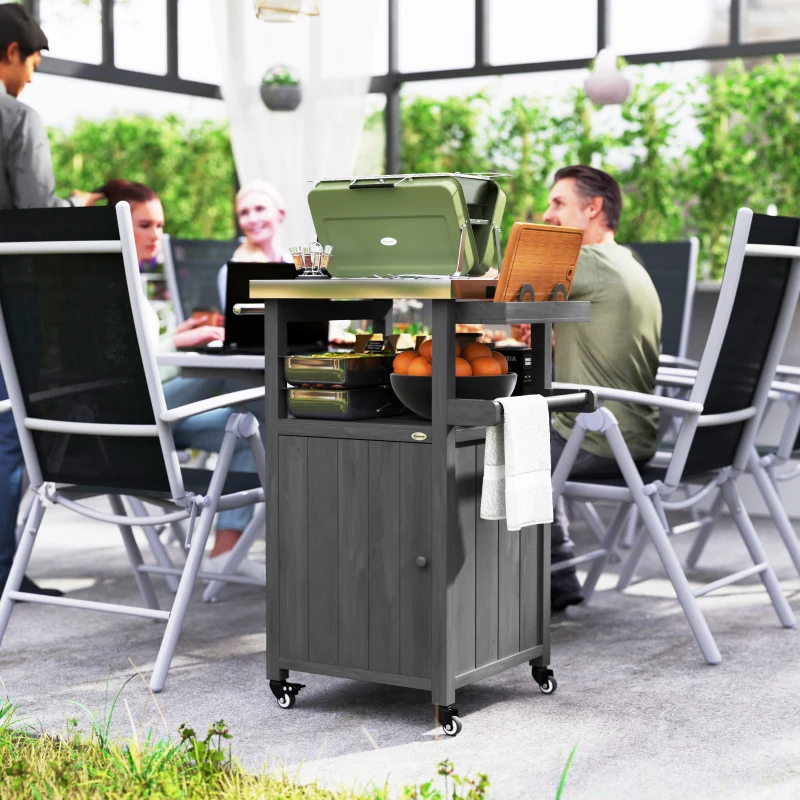Outsunny Outdoor Grill Cart with Stainless Steel Top, Solid Wood Outdoor Kitchen Island with Wheels, Integrated Hole, Dark Gray