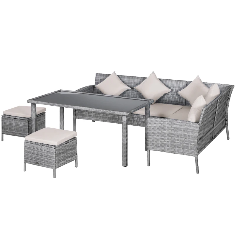 Outsunny 5 Pieces Wicker Patio Conversation Dining Furniture Set with Cushions, Table and Ottomans, Cream White