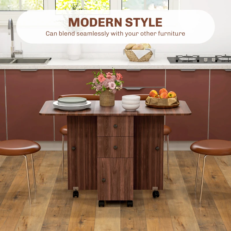 HOMCOM Drop Leaf Dining Table, Mobile Folding Table on Wheels with Drawers and Cabinet for Dining Room, Kitchen, Brown