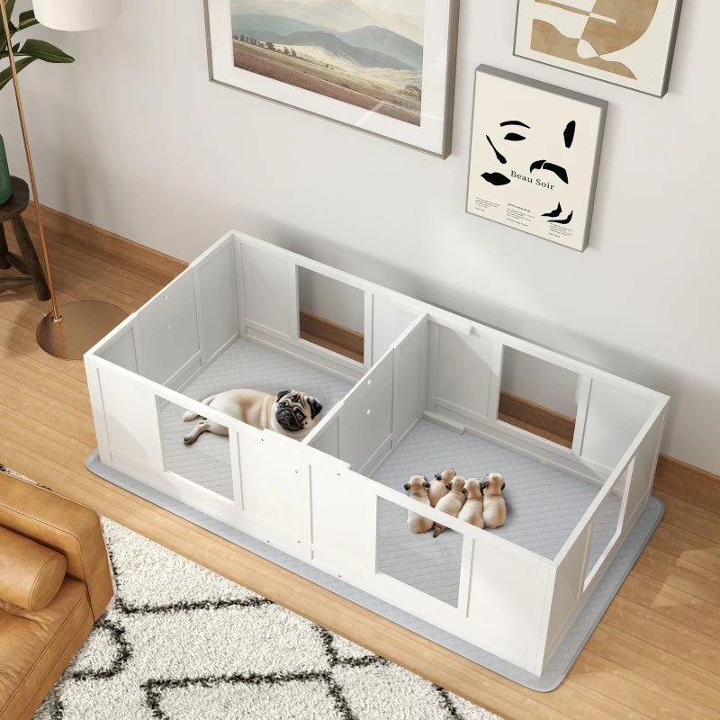 PawHut Double Room Design Whelping Box for Dogs with Whelping Pad, Clear Panels, Adjustable Entrance, for Small Dogs