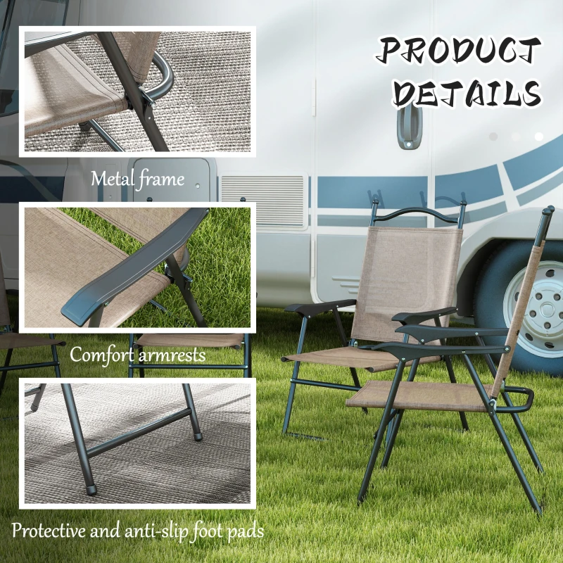 Outsunny 4 Piece Folding Patio Camping Chair Set, Sports Chairs for Adults with Armrests, Mesh Fabric Seat for Lawn, Brown