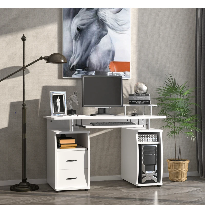 HOMCOM Multi-Function Computer Desk Home Office Workstation with Keyboard Tray, Elevated Shelf, Sliding Scanner Shelf and CPU Stand, White