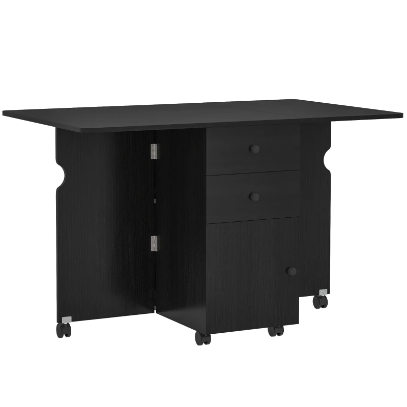 HOMCOM Extendable Dining Table, Drop Leaf Table with 2 Drawers, Cabinet and 6 Wheels for Small Spaces, Kitchen, Black Wood Grain