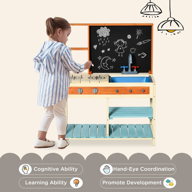 Qaba Kids Kitchen Playset, Wooden Pretend Play Kitchen Toy Set for Toddlers with Chalkboard, Removable Sink, Faucet, Storage Shelves, for 3-8 Years