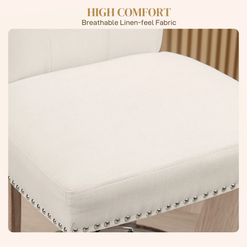 HOMCOM Bar Stools Set of 2, Upholstered Counter Height Stools with Button Tufted Back, Wood Legs and Footrest, Cream White