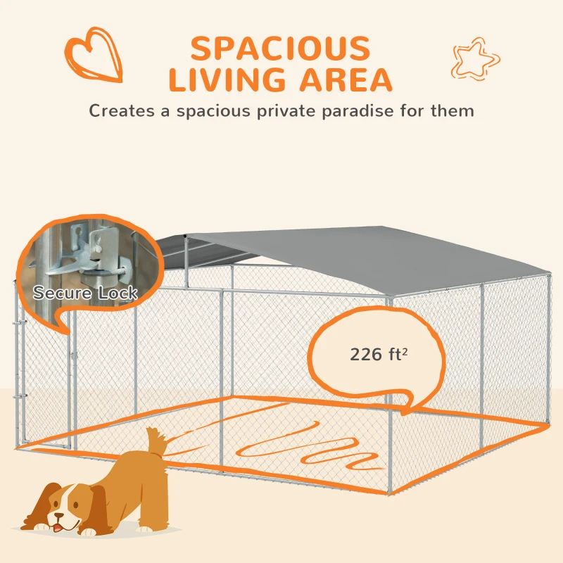 PawHut Dog Kennel Outdoor, Heavy Duty Playpen with Secure Lock, Cover, for Backyard & Patio, 15.1' x 15.1' x 7.5'