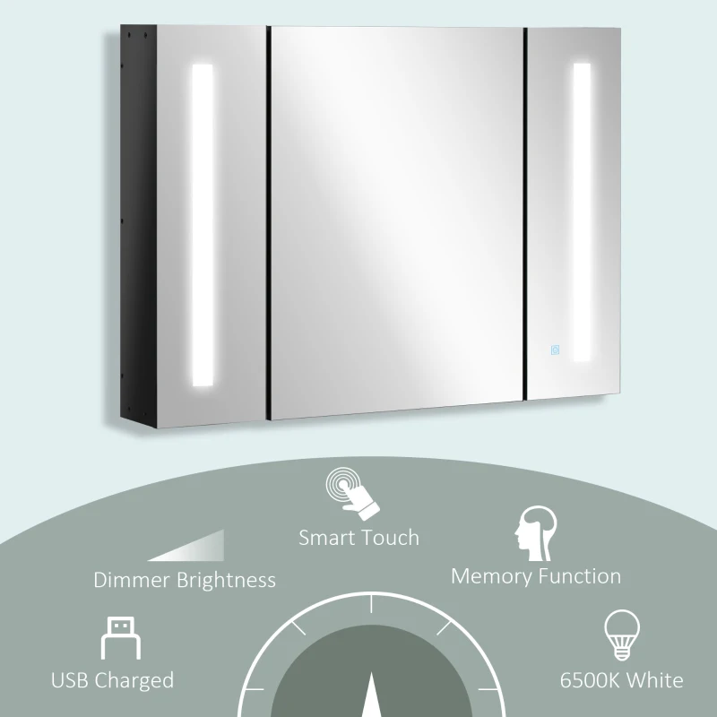 kleankin Medicine Cabinet with Mirror, Wall Mounted Bathroom Mirror Cabinet with Adjustable Shelf, USB Charge, High Gloss Black