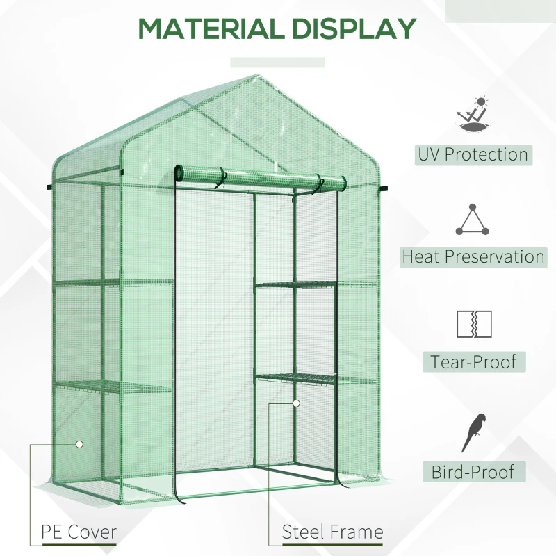 Outsunny 56" x 29" x 77" Walk-in Greenhouse, Garden Hot House with 3 Tier Shleves, Roll-Up Door and PE Cover, Green