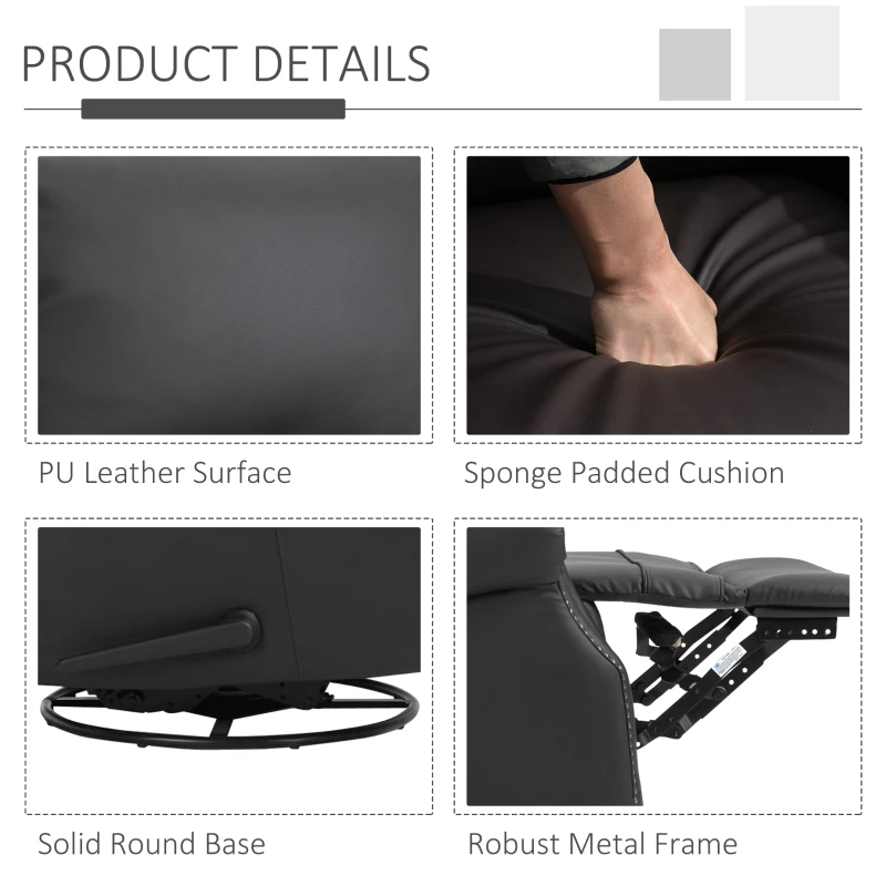 HOMCOM Manual Recliner Chair PU Leather Office Home Theater Single Sofa with Arm, Footrest, Nailhead Trim Padded Seat, 360° Swivel and Rocking Function for Living Room Bedroom Brown