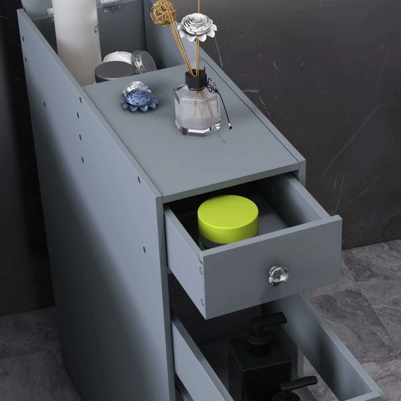 kleankin Bathroom Floor Organizer Free Standing Space Saving Narrow Storage Cabinet Bath Toilet Paper Holder with Drawers Gray