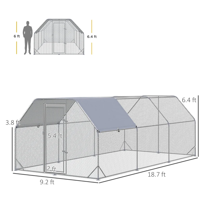 PawHut Large Chicken Coop Metal Chicken Run with Waterproof and Anti-UV Cover, Flat Shaped Walk in Fence Cage Hen House for Outdoor and Yard Farm Use, 1" Tube Diameter, 9.2' x 18.7' x 6.4'